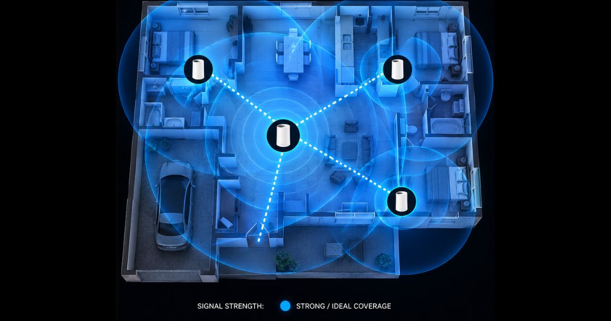 Mesh WiFi nodes spread throughout a home providing full coverage